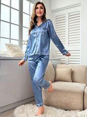 Letter & Heart Print Pajama Set Satin Long Sleeve Button Up Top & Pants