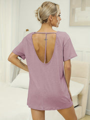 Comfy Short Sleeve Lounge Dress Hollow Out Back Crew Neck Home Dress