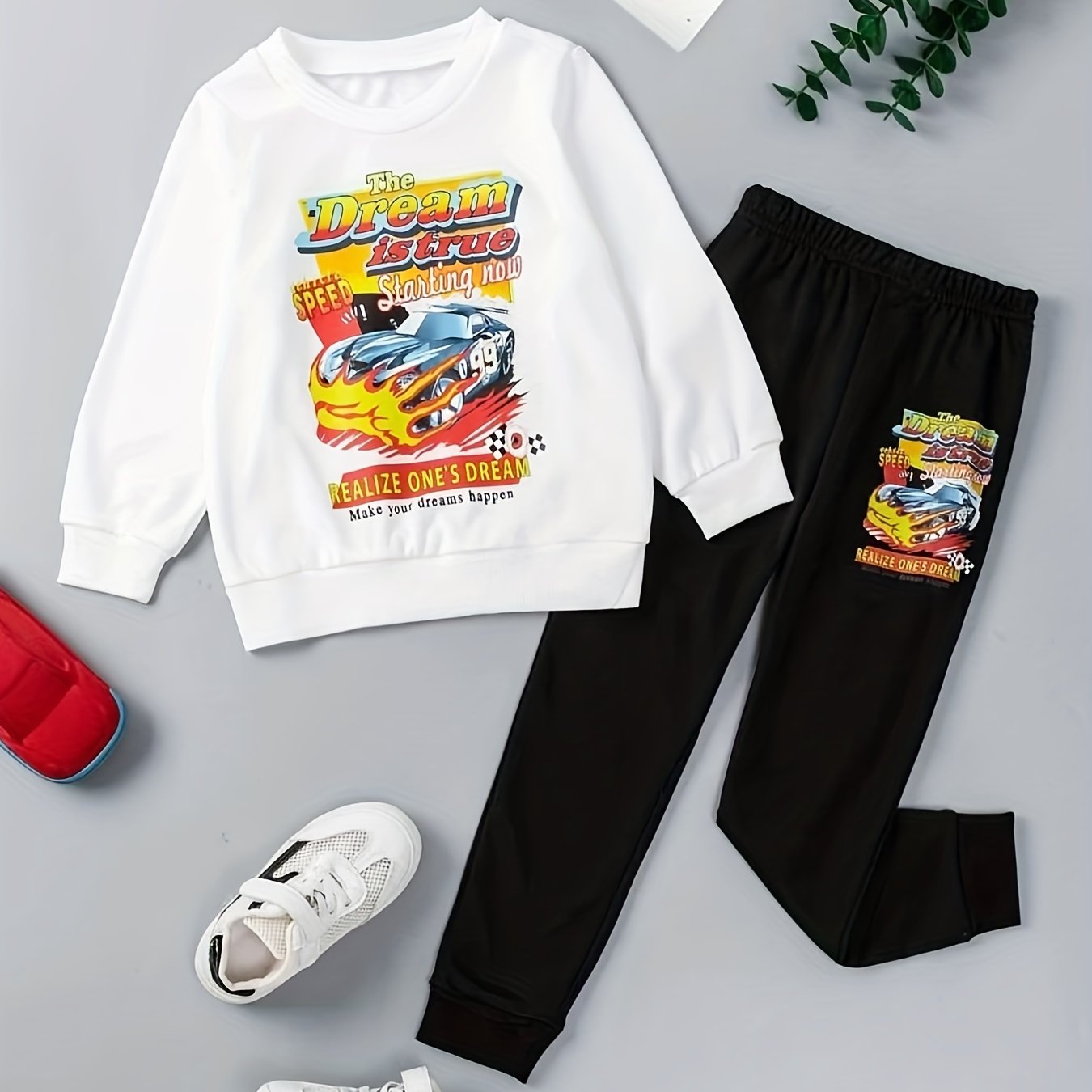 Boy's Car Pattern Outfit 2pcs Sweatshirt & Sweatpants Set Spring Fall