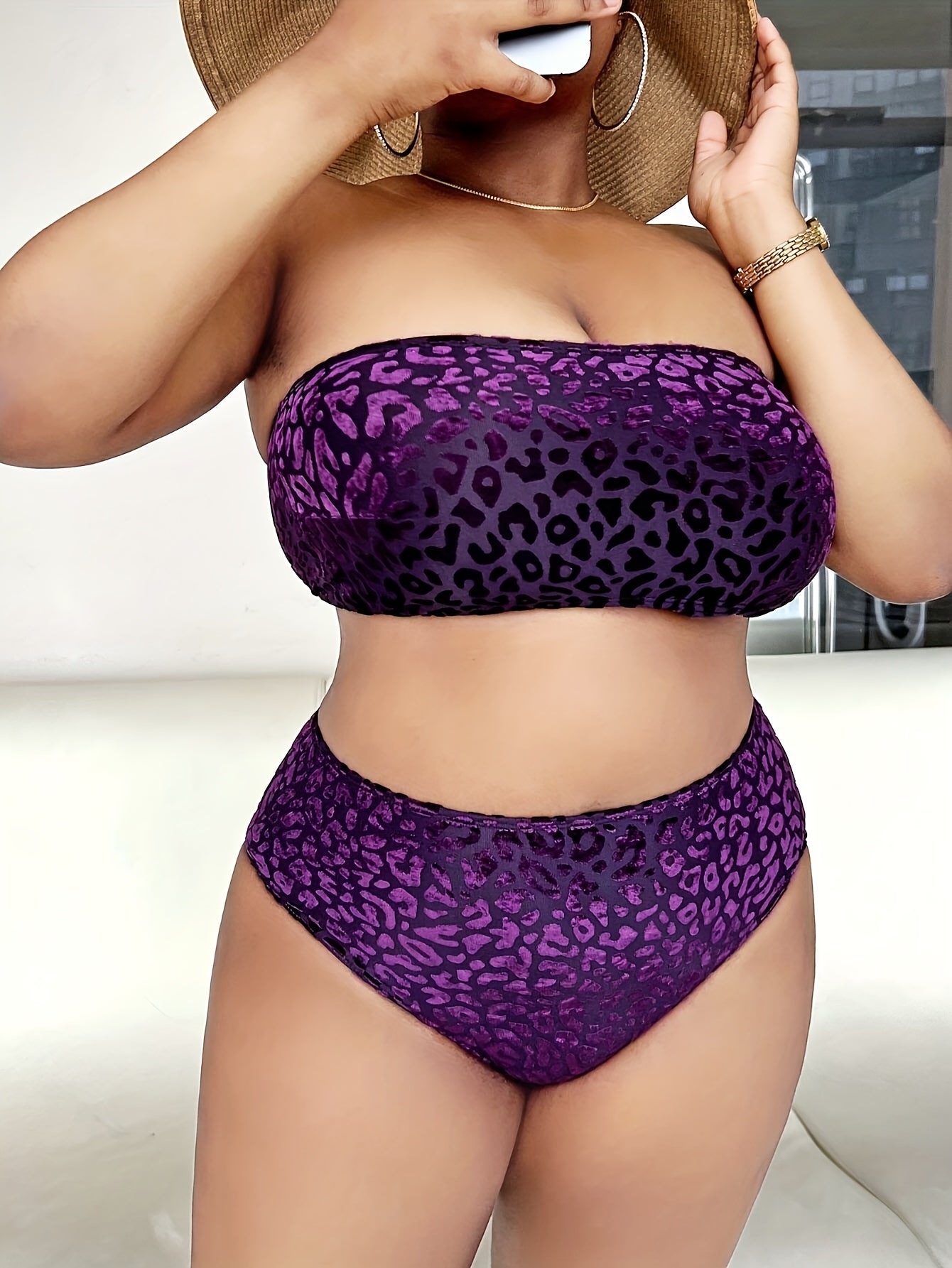  Leopard Print Bikini Set Bandeau Bra & High Waisted Panty Swimsui