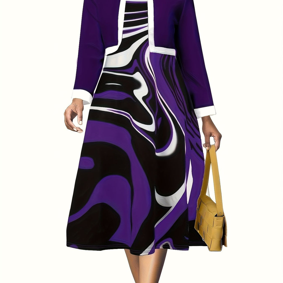 Contrast Trim Long Sleeve Crop Coat & Graphic Print Dress Set