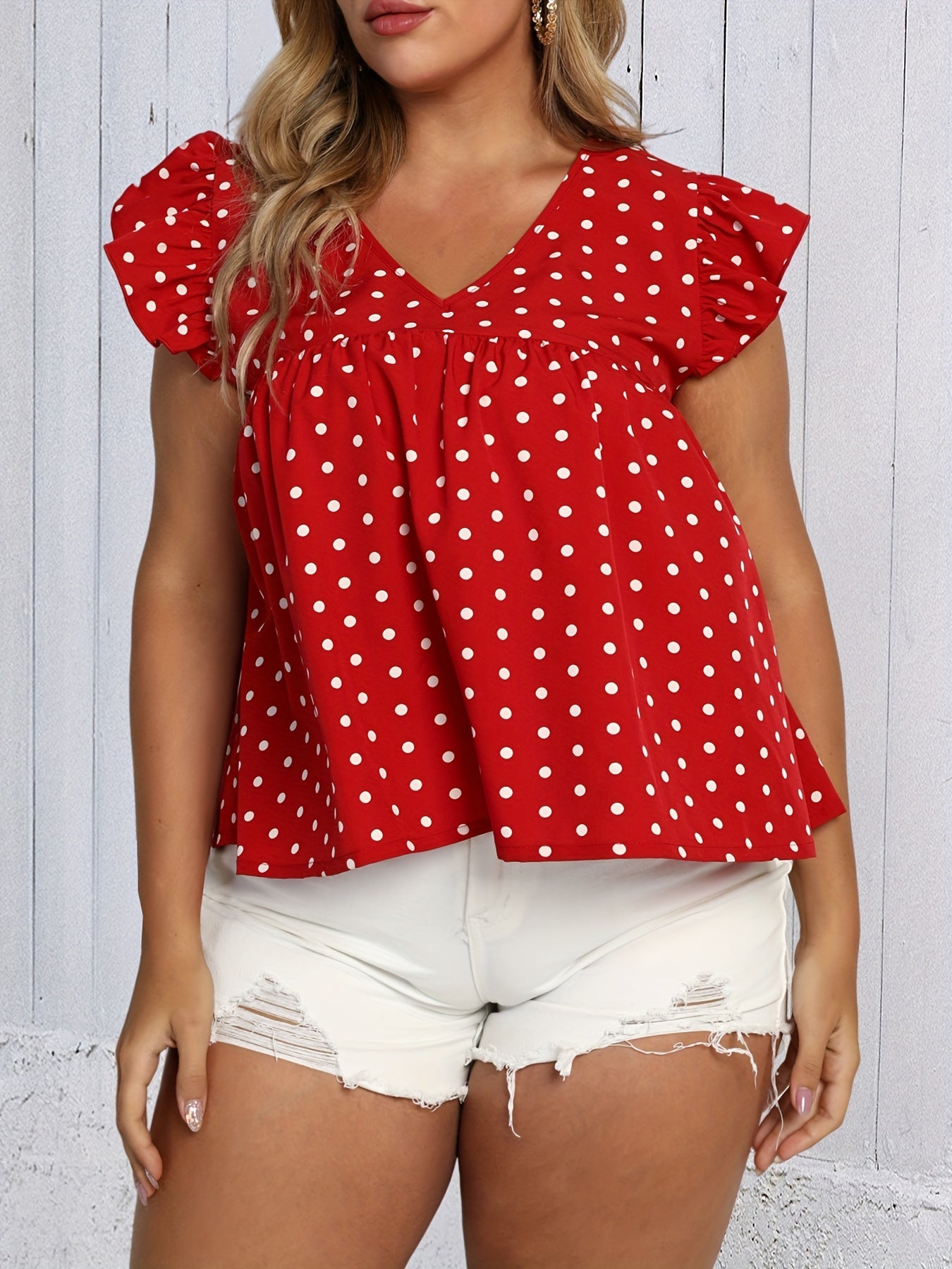  Polka Dot Print Ruffle Trim V Neck Tank Top