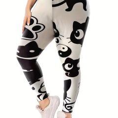  Casual Leggings Women's Plus Cat & Paw Print High Rise Leggings