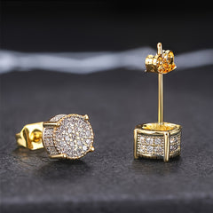 Round Stud Earrings Paved CZ Stone Silver Golden Ear Jewelry