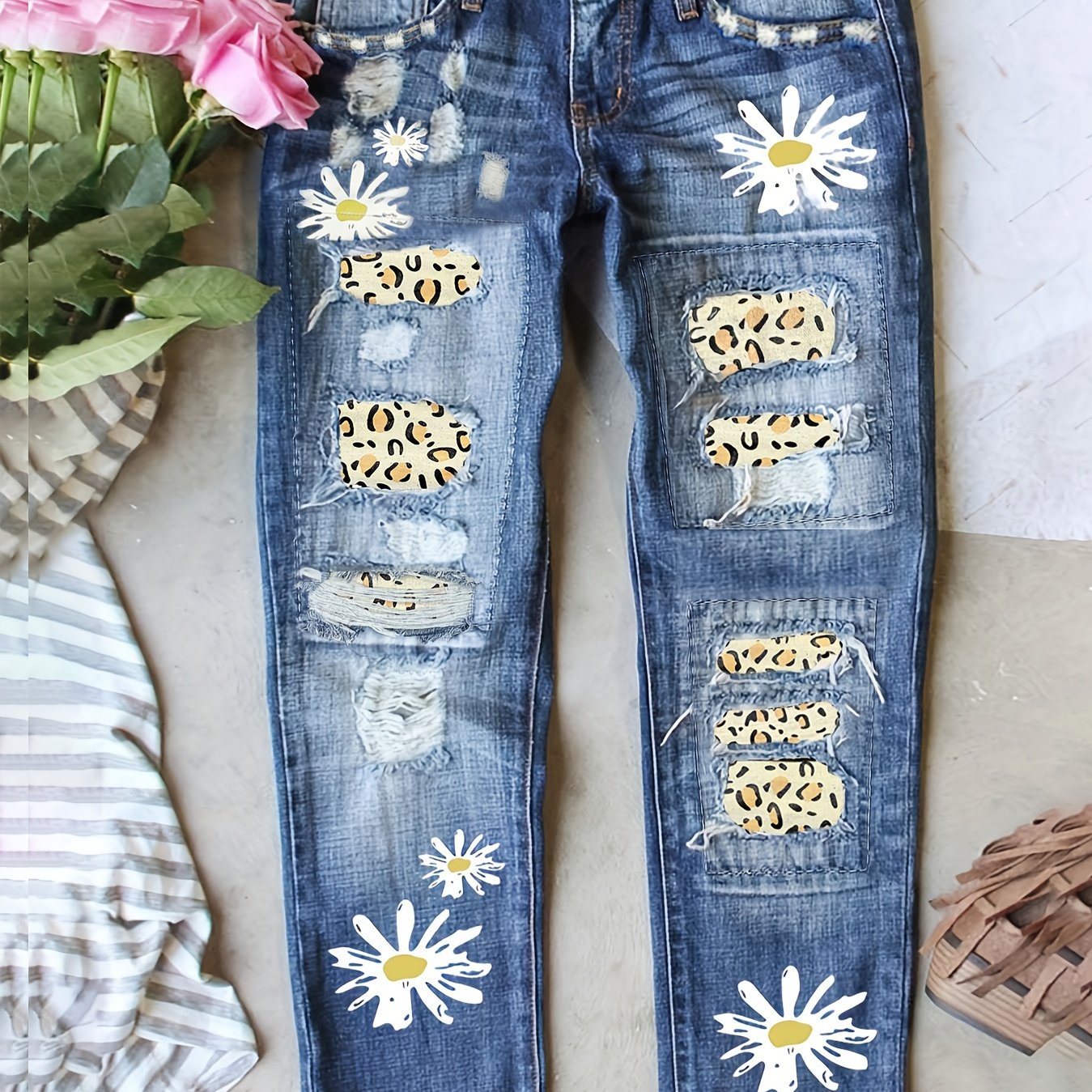  Daisy Print Leopard Patched Ripped Button Fly Jeans