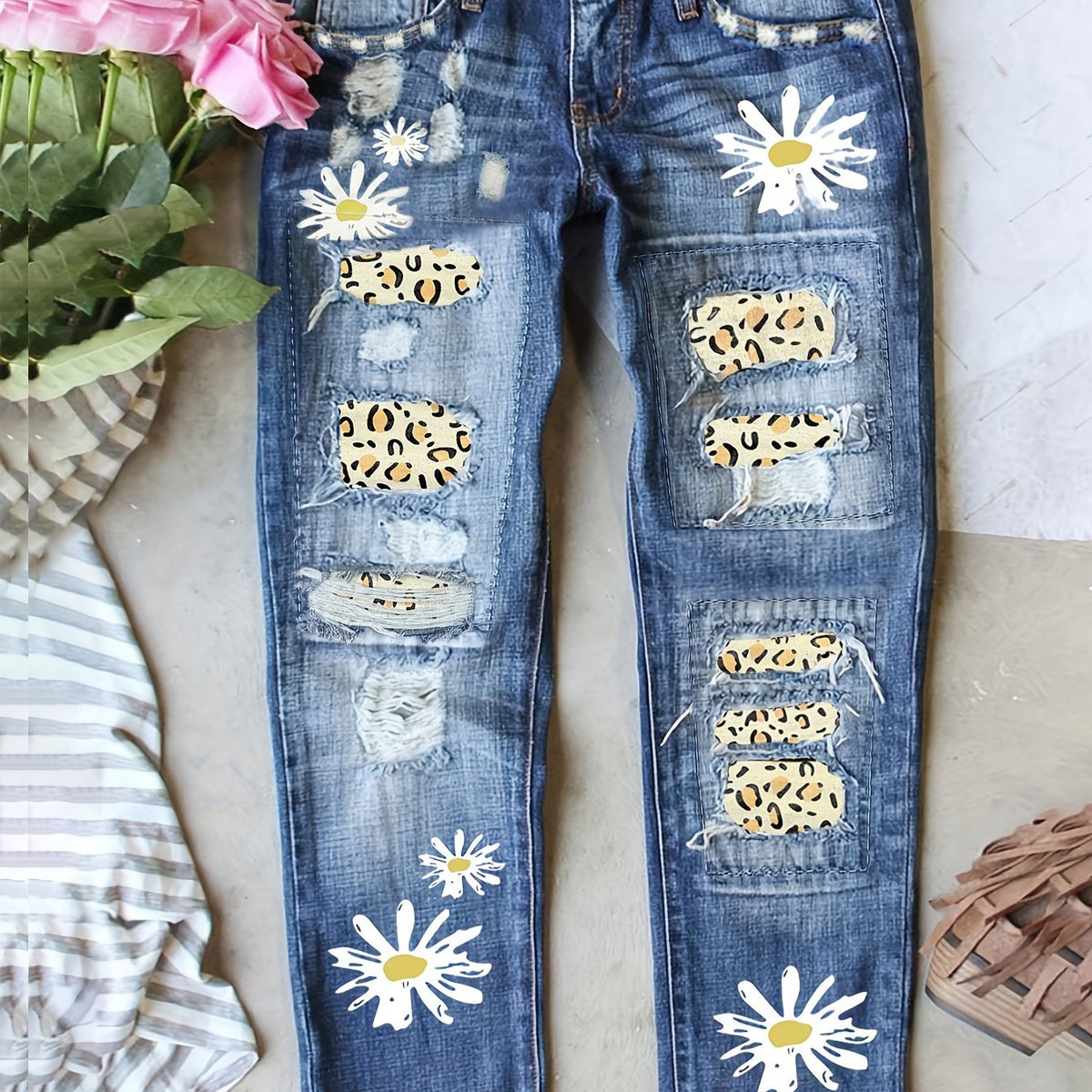  Daisy Print Leopard Patched Ripped Button Fly Jeans