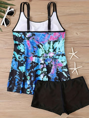  Modest Tankini Set Tie Dye Round Neck Cami Top & Shorts Swimsuit