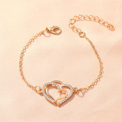 Golden Double Heart Ladies Bracelet Zircon Inlay Romantic Hand Jewelry Gift
