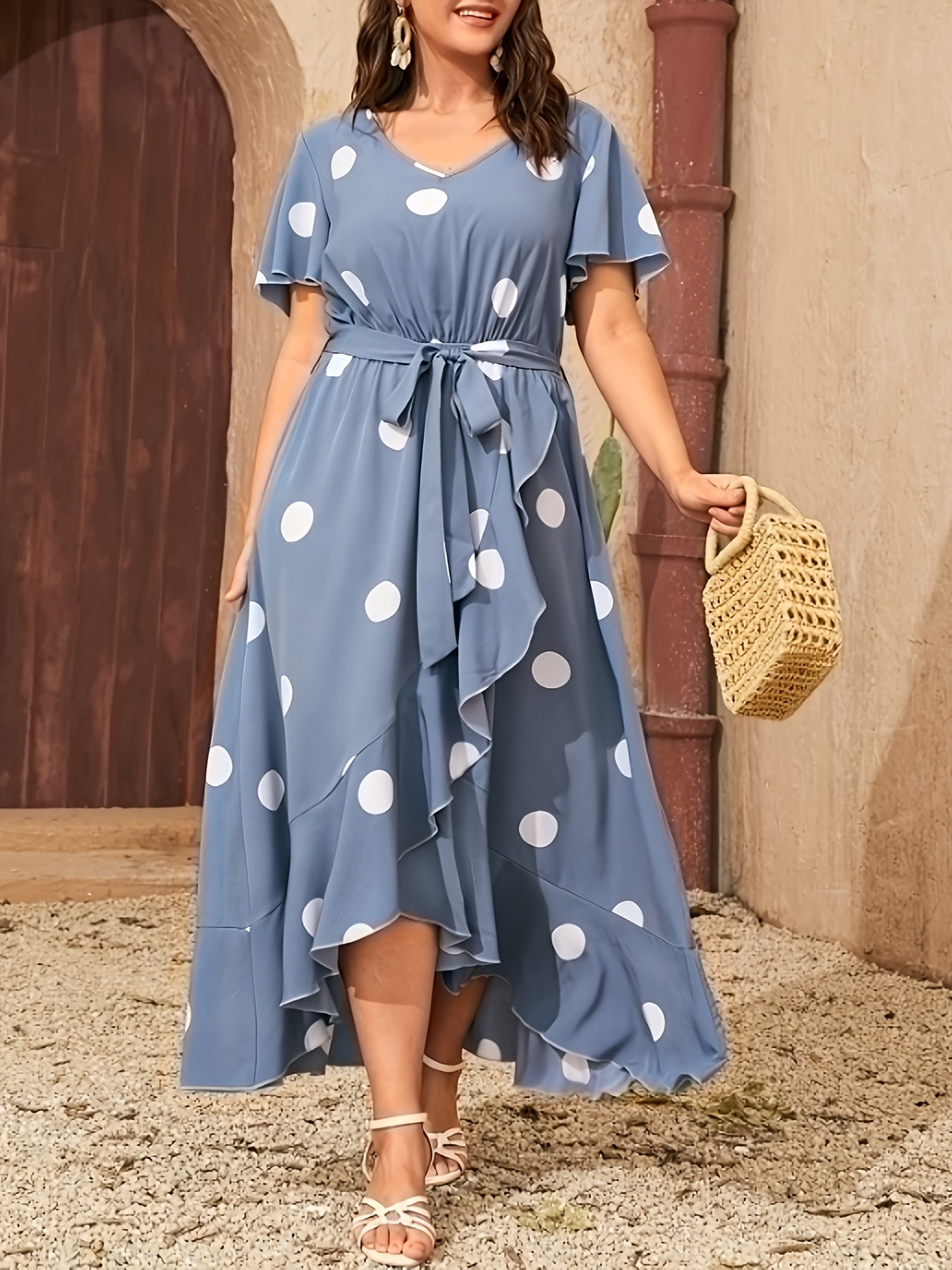  Boho Dress Women's Plus Dot Print Wrap Dress