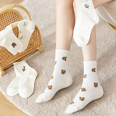 5 Pairs Floral & Bear Print Socks Women's Stockings Hosiery