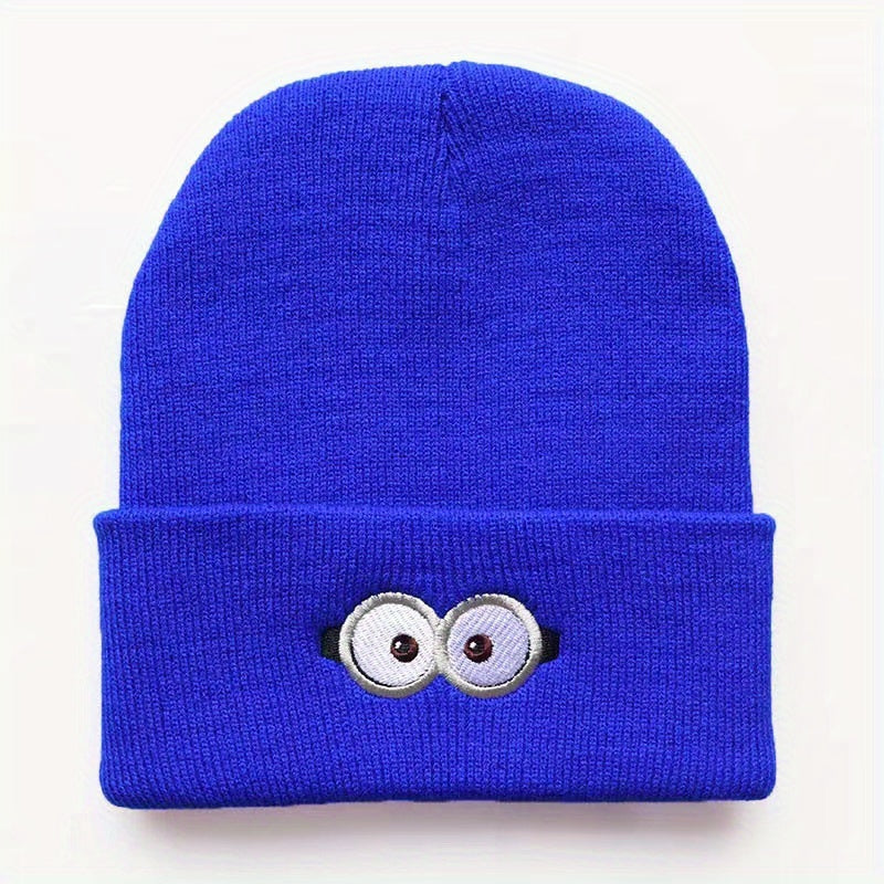 Anime Eyes Glasses Embroidery Wool Beanie Hat, Windproof Knit Cap