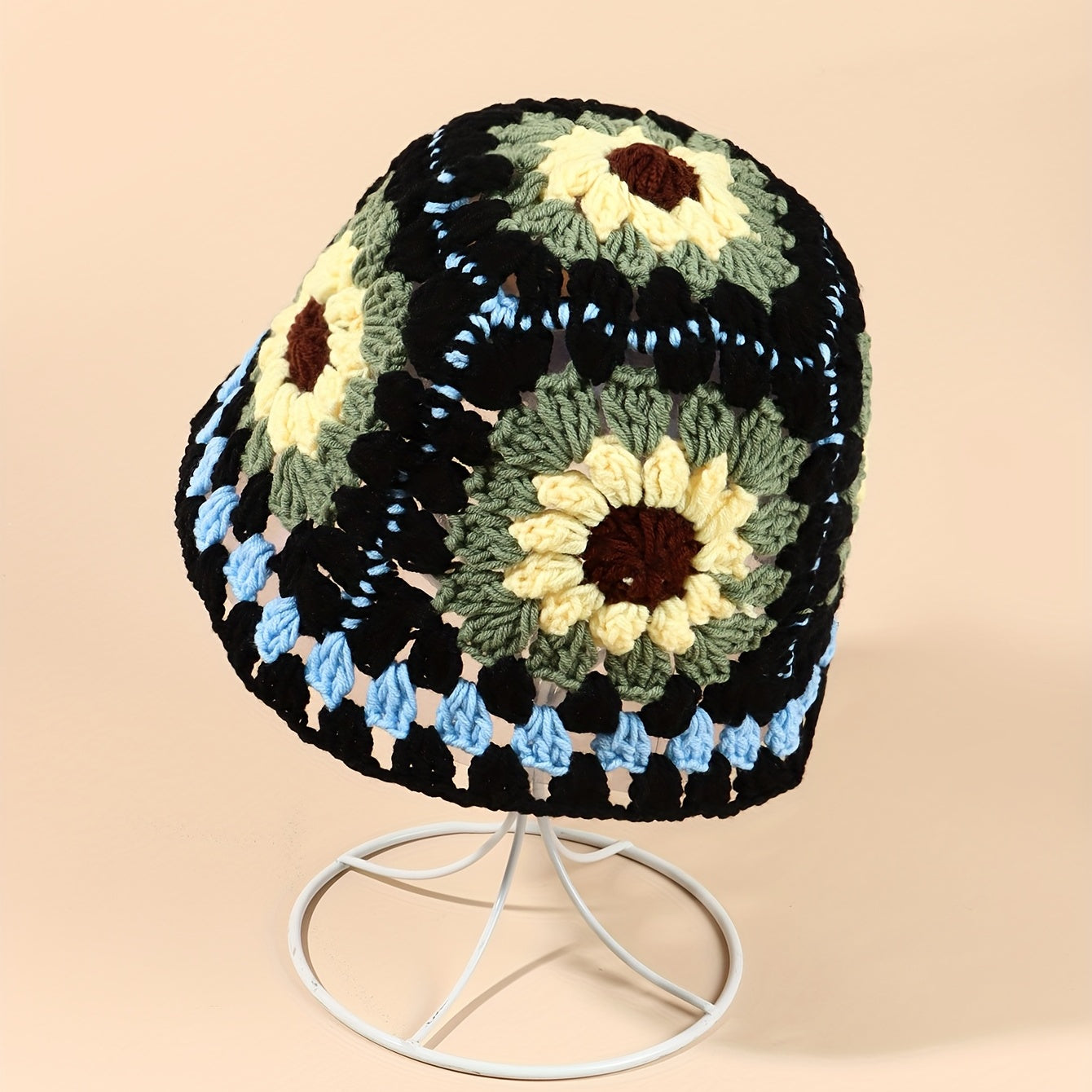 Vintage Flower Crochet Bucket Hat Hollow Out Knit Hat Y2K Beanie Fisherman Cap