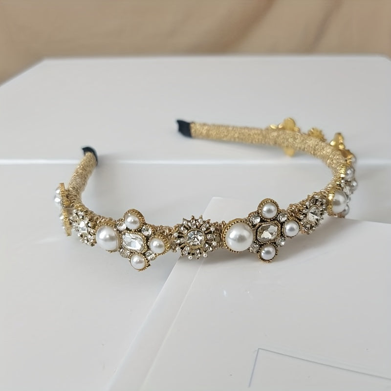 Baroque Rhinestone Headband Faux Pearl Hoop Glitter Hair Band