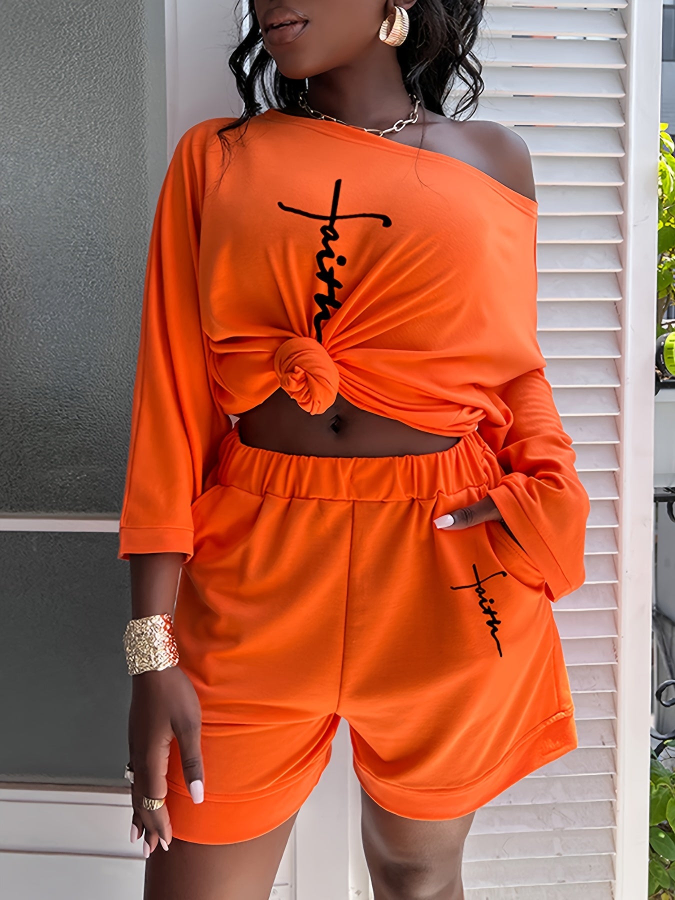 Faith Letter Print 2 Piece Set T-shirt & Shorts Women's Outfit