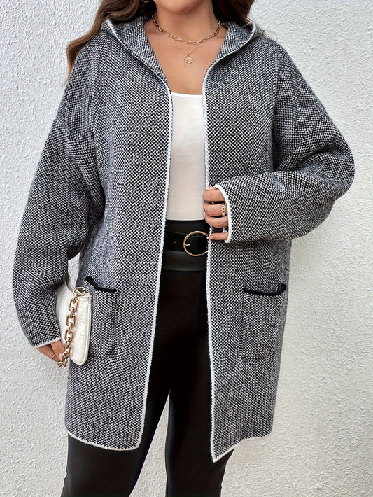  Colorblock Open Front Hooded Cardigan