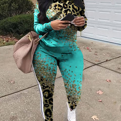  Colorblock Leopard Print Top & Pants Two Piece Set