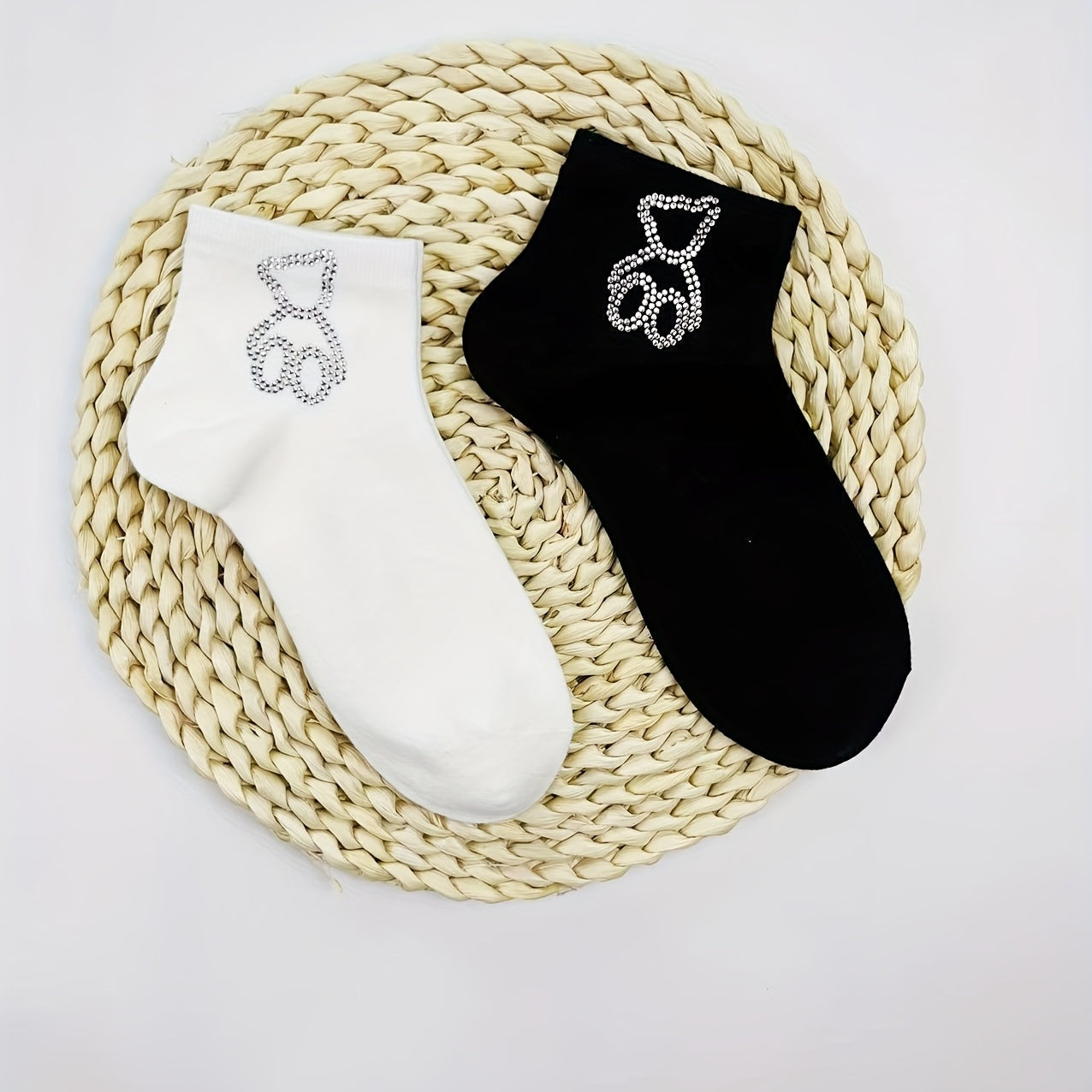 Bear Rhinestone Socks 5 Pairs Women's Crew Short Stockings