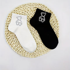 Bear Rhinestone Socks 5 Pairs Women's Crew Short Stockings