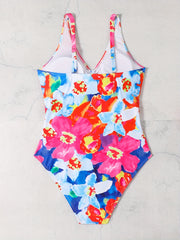  Floral Print V Neck One Piece Swimsuit