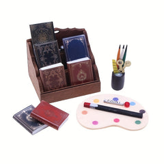Wooden Bookshelf & Desk Set for Toy House Decor Study Scene Replica
