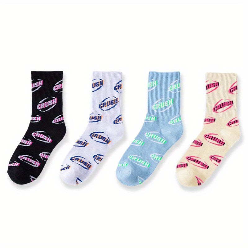 4 Pairs Letter Print Socks Crew Sports Stocking