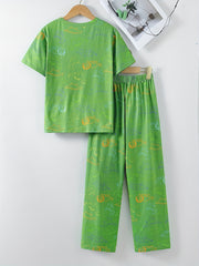Boys Dino Print Pajama Set Short Sleeve Round Neck Elastic Waist Pants