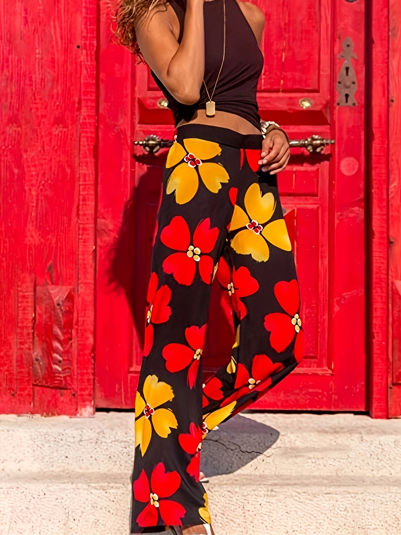  Boho Pants Women's Plus Damask Print High Rise