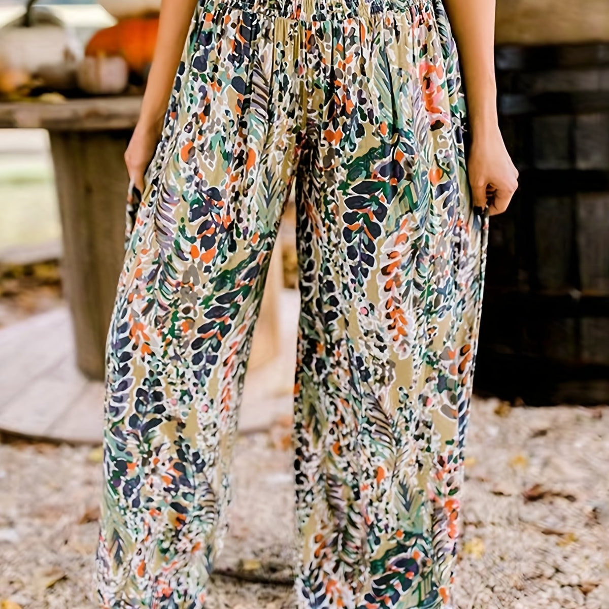  Leaf Print Shirred High Rise Wide Leg Pants