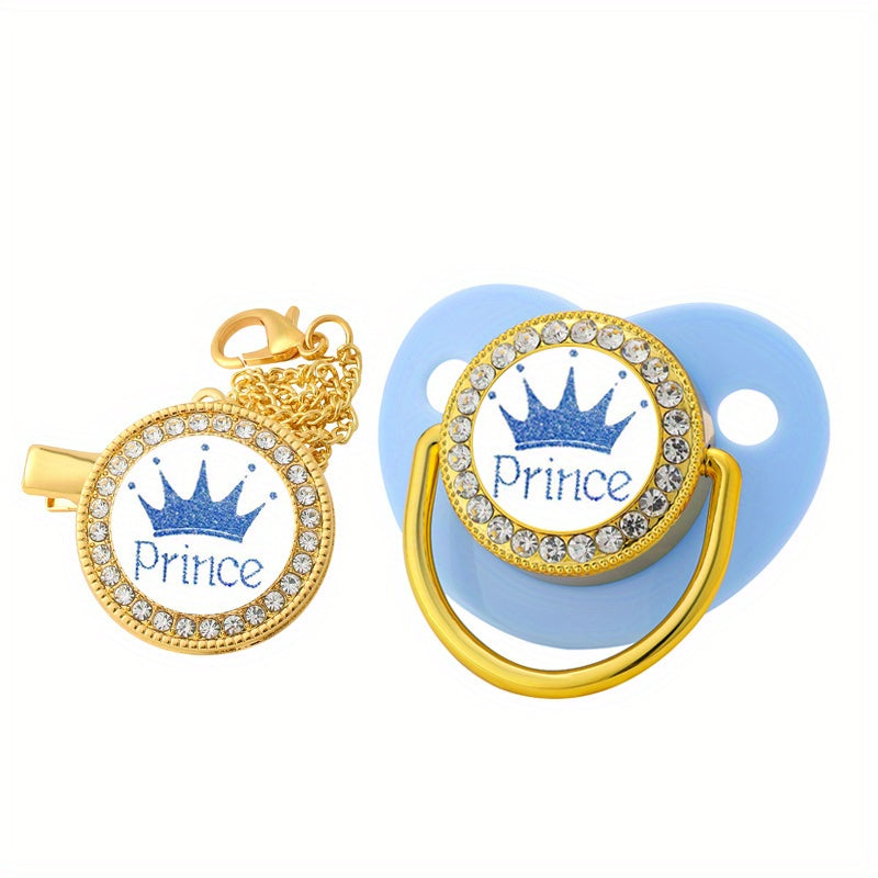 Crown Princess Prince Diamond Pacifier with Chain Clip