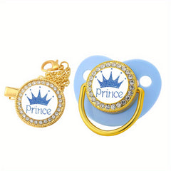 Crown Princess Prince Diamond Pacifier with Chain Clip