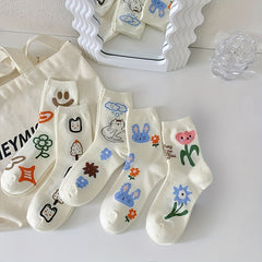 6 Pairs Cartoon Graffiti Mid Tube Socks for Women