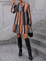  Colorblock Dot Print Lantern Sleeve Mini Smock Dress