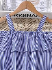 Girls' Striped Off Shoulder Slip Dress with Belt