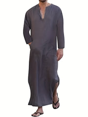 Islamic Arabic Kaftan Men's Long Sleeve V Neck Casual Wear Dubai