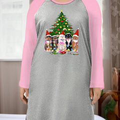  Christmas Nightdress Women's Plus Christmas Tree & Cat Print Tee Dress