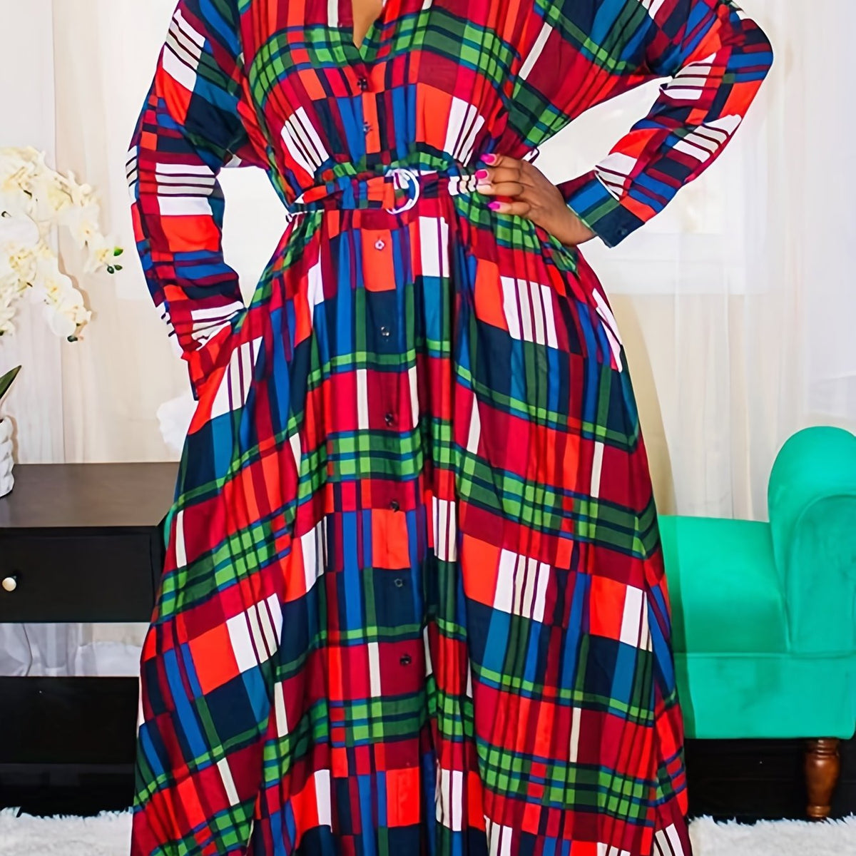  Plaid Print Maxi Shirt Dress with Pockets