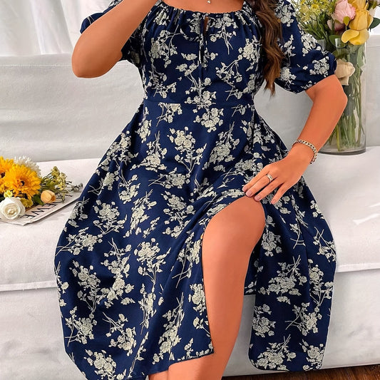  Floral Print Bubble Sleeve Square Neck Midi