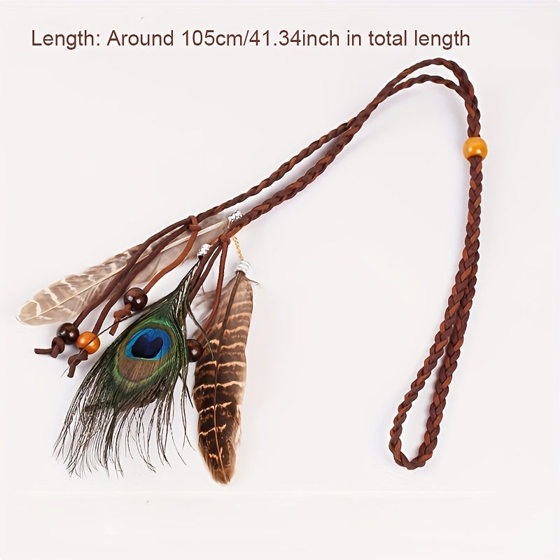 Boho Peacock Feather Headband Hair Rope