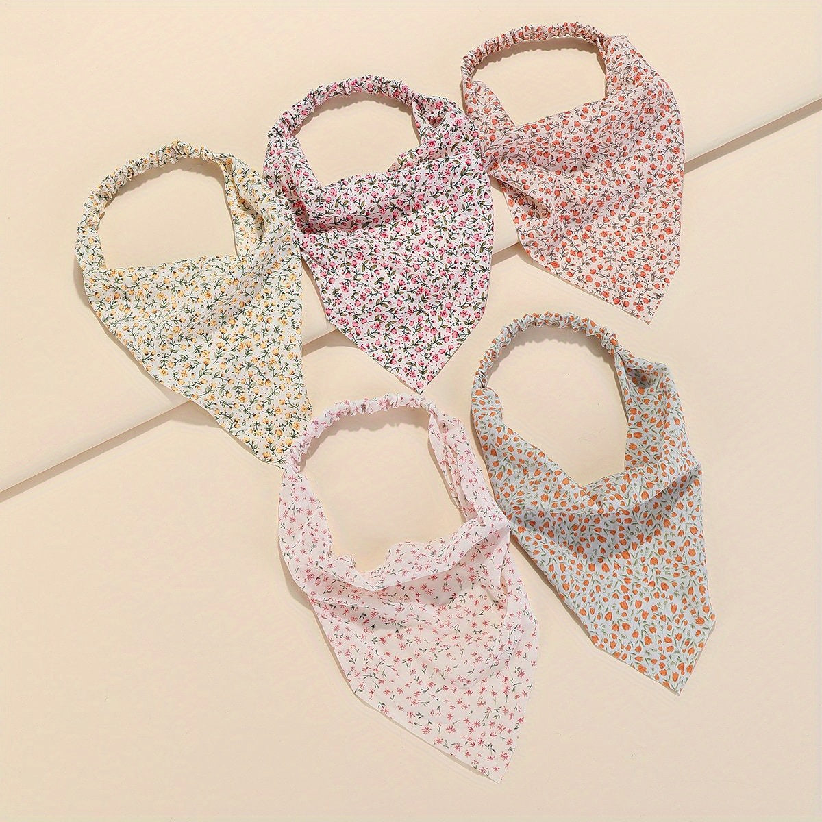 5pcs Floral Print Triangle Scarf Headband Elastic Turban Boho Bandana