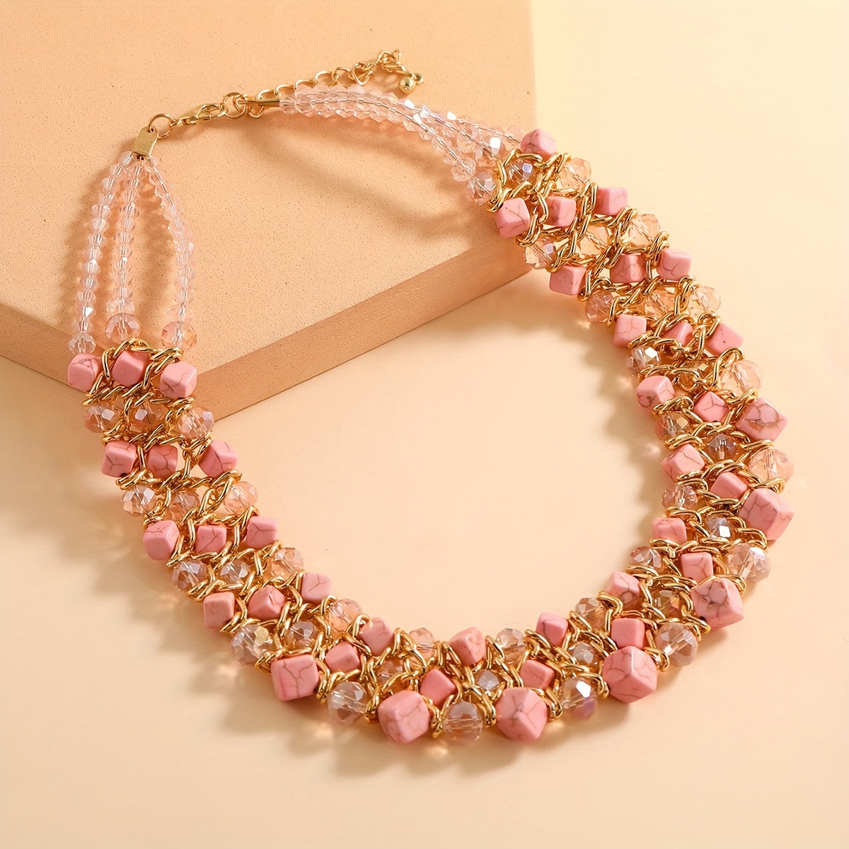 Crystal & Turquoise Cube Necklace Chunky Chain Jewelry