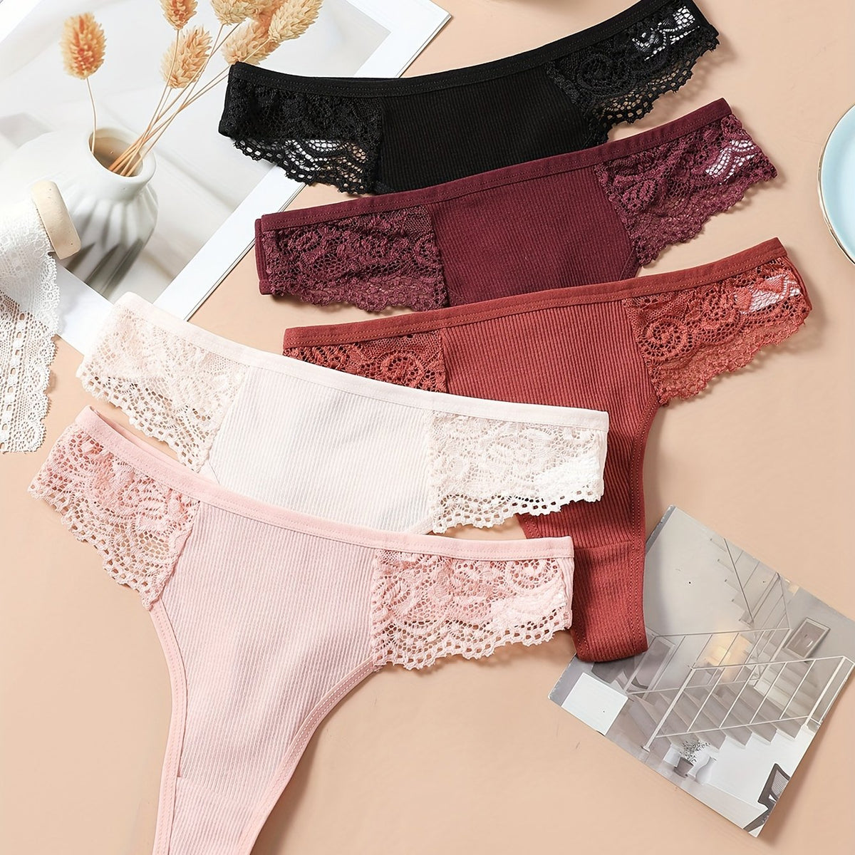 5 Pcs Lace Thongs Soft & Comfy Intimates Panties Women's Lingerie