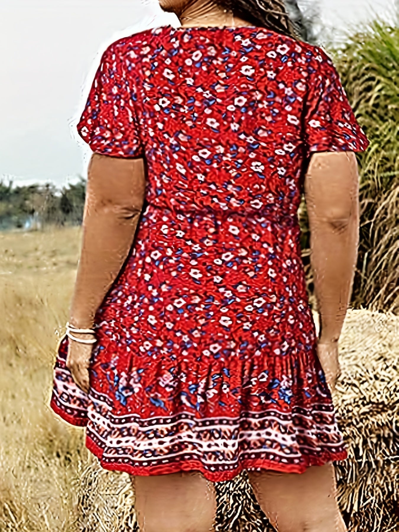  Boho Dress Women's Plus Floral Print Button Up Cap Sleeve V Neck