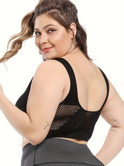 Plus Size Sports Bra Women's Plus Solid Breathable Hollow Mesh Fitness Gym Bra