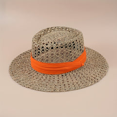 Flat Top Summer Sun Hat Hollow Straw Hat British Jazz Fedora Cap