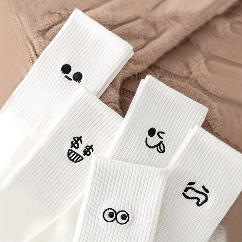 5 Pairs Expression Print Ribbed Socks for Women