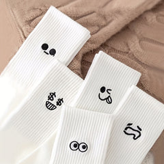 5 Pairs Expression Print Ribbed Socks for Women