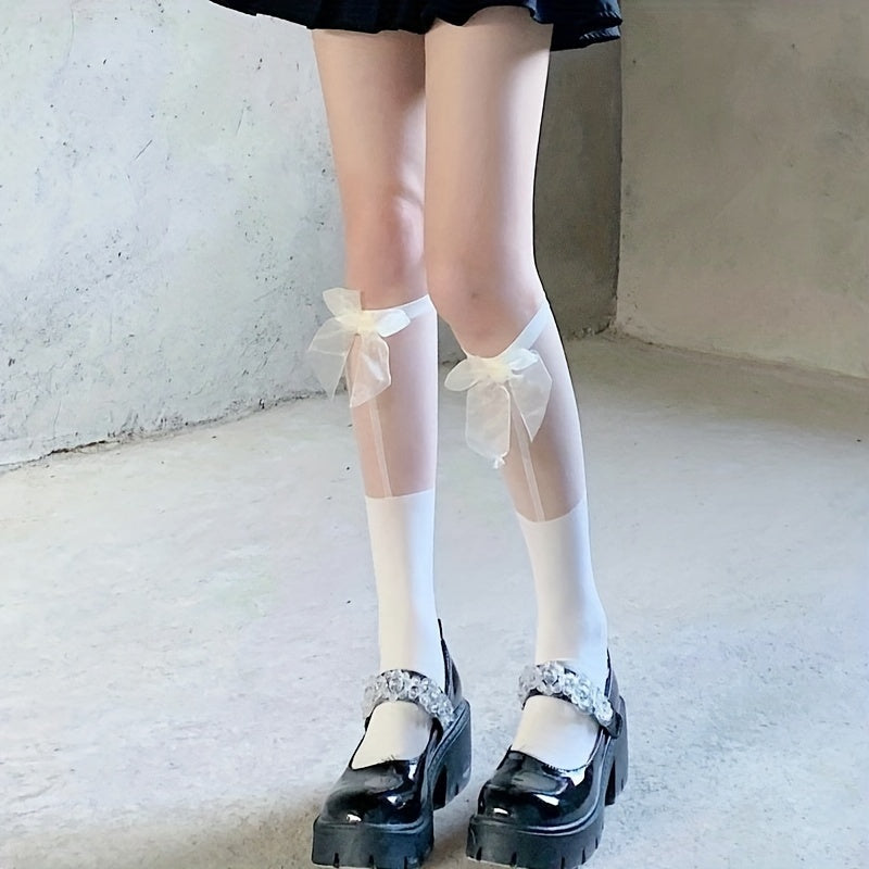 Mesh Stitching Calf Socks Bow Decor Lolita Knee High Socks