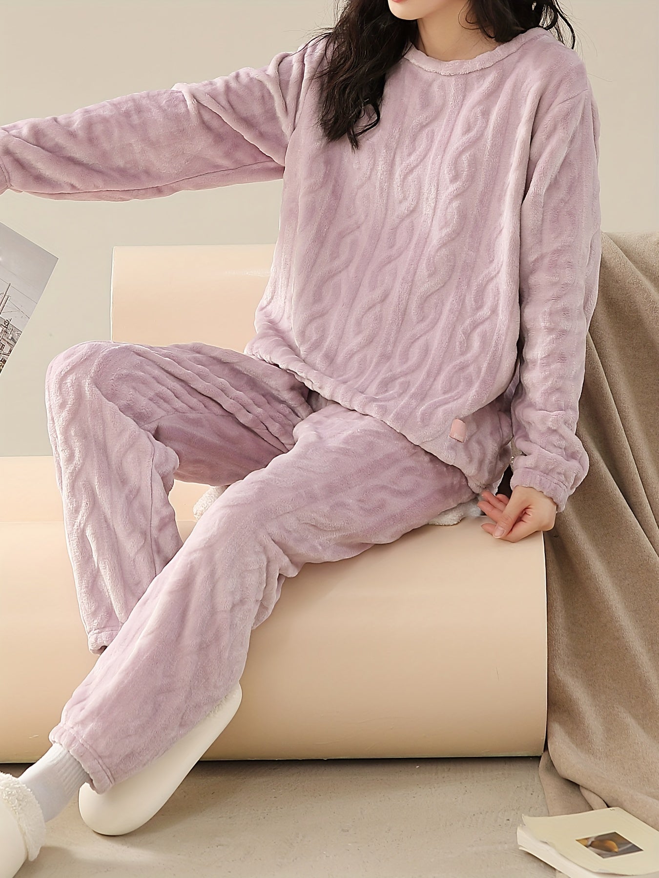 Cozy Fuzzy Pajama Set Long Sleeve Crew Neck Top & Elastic Waistband Pants