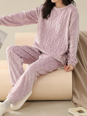 Cozy Fuzzy Pajama Set Long Sleeve Crew Neck Top & Elastic Waistband Pants