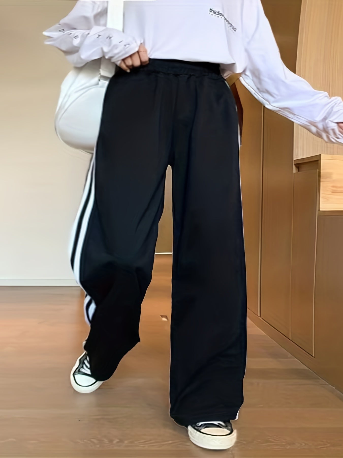  Stripe Print High Rise Wide Leg Pants